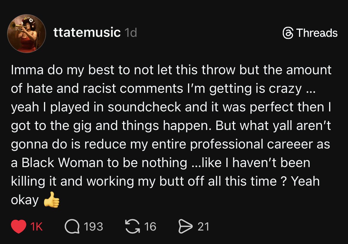 dwannb's tweet photo. Tatiana Tate, our FBA sister was called racial slurs by people on twitter over one missed note.  Lets stand up for her.  Shes one of the new acts in jazz trailblazing a new sound. Salute to the Dodgers for hiring her to play.  And Eff anyone calling her a racial slur over it. https://t.co/vFgNqZZm9s
