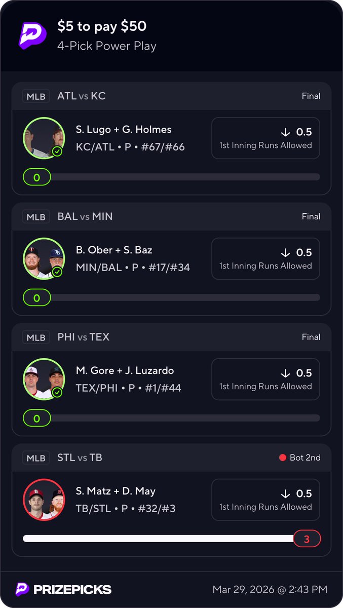 Paulie_Googots's tweet photo. @PrizeSupport @PrizePicks  No runs were score in the first inning of the TB/STL game the app is registering it as the second inning runs score https://t.co/uAQpV1kKZB