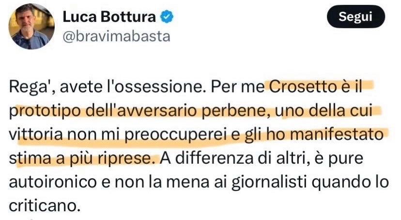 Zerovirgola2's tweet image. Eh ma si sa, #Crosetto “a differenza di altri è pure autoironico e non la mena ai giornalisti”

Lo dice @bravimabasta in uno dei suoi SLURP meglio riusciti 👅

Poverini