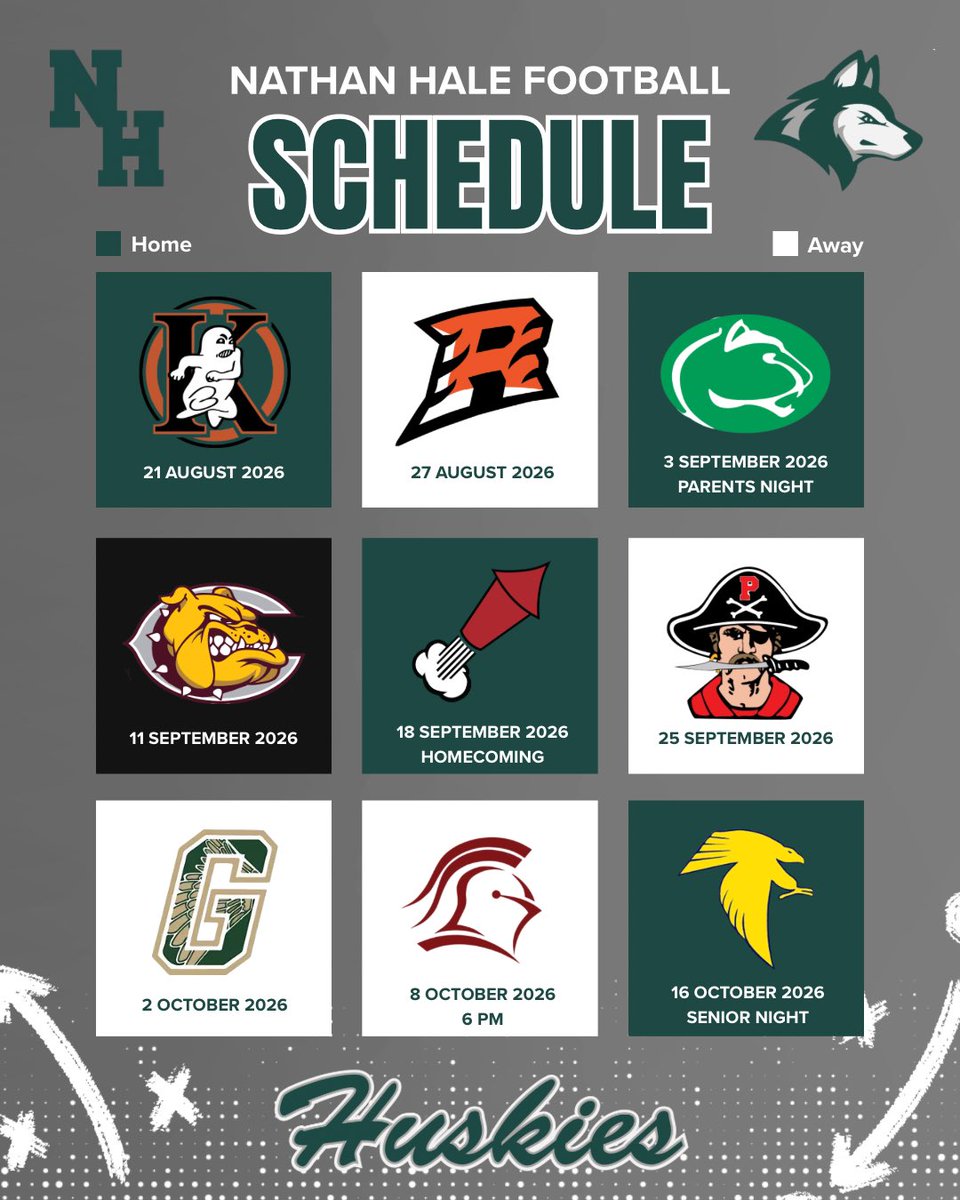 football_hale's tweet photo. 🏈 A new era begins for the Huskies!

The 2026 Nathan Hale Football Schedule is here as the team enters the Woodland Conference. New opponents. New rivalries. New opportunities.

Mark your calendars and come support the Huskies all season long! 🐺💚

#ItsAGreatDayToBeAHusky https://t.co/dwjm36b8Tz