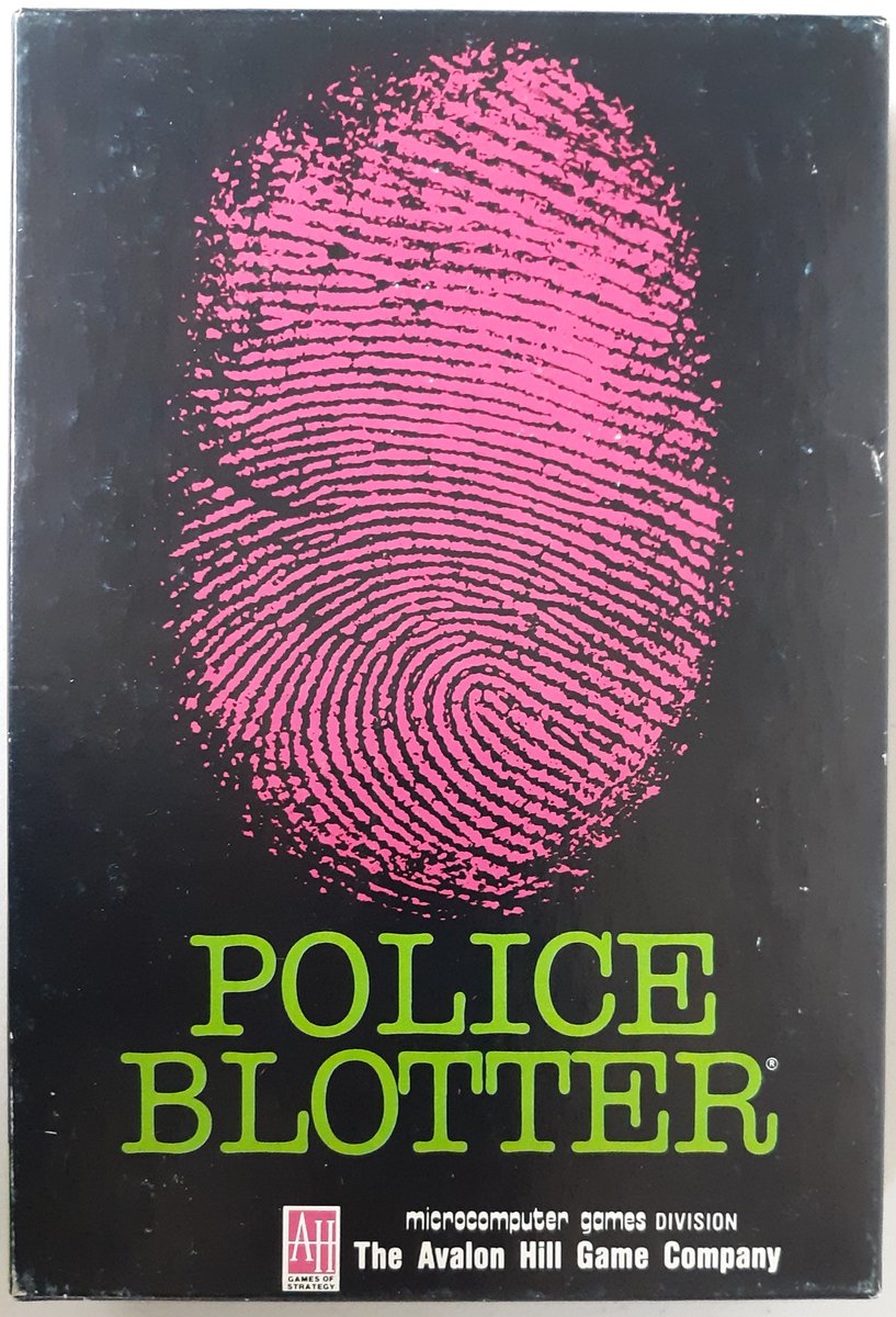 "Police Blotter" 1988 Avalon Hill/Microcomputer Games for Apple II. 7 complete cases involving murder, kidnapping, theft, blackmail, evidence, clues, false trails, suspects, witnesses, bystanders both innocent &amp; not. Case clock tracks time spent by each detective. For 1-4 players