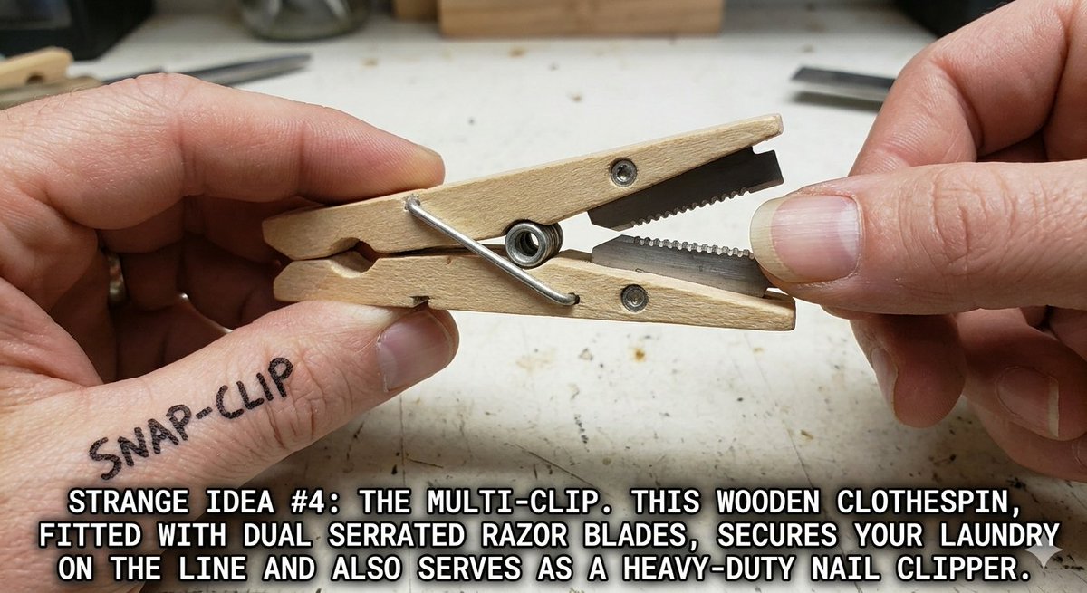 New invention: The RazorClip™
Holds your wet clothes on the line…
and trims your toenails in the same pinch.
Laundry day just got dangerous. 😂🧦✂️

#WeirdInventions #BadIdeas #StartupHumor #RazorClip#WeirdInventions #BadIdeas #StartupHumor #RazorClip
