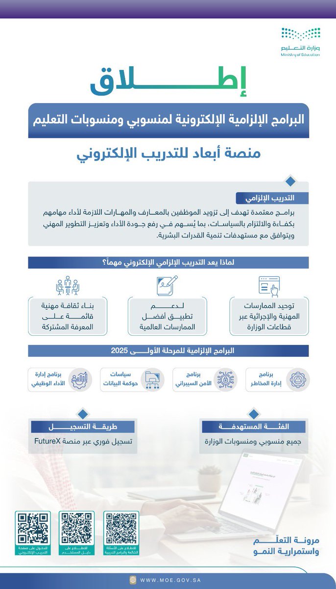 almaydanedu's tweet photo. #وزارة_التعليم تعلن لمنسوبيها: 

بدء التسجيل في البرامج الإلزامية الإلكترونية عبر منصة أبعاد: 

- إدارة المخاطر.
- الأمن السيبراني. 
- سياسات حوكمة البيانات. 
- إدارة الأداء الوظيفي. 

وذلك عبر الرابط التالي:
https://t.co/Lr3ogVTGwA https://t.co/9f5CtsHnwZ