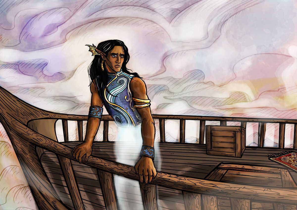 proloprolo1's tweet photo. A commission completed for a good friend!

FAEWIND PRINCE GULL

Trapped by duty on a cursed ship, Gull pensively leans on The Blue Ulyana's swamp wood railings.
Directing faeries to fly her rowdy crew members, and deranged captains, he wonders if he'll ever get used to this life. https://t.co/dAW57P5qHf