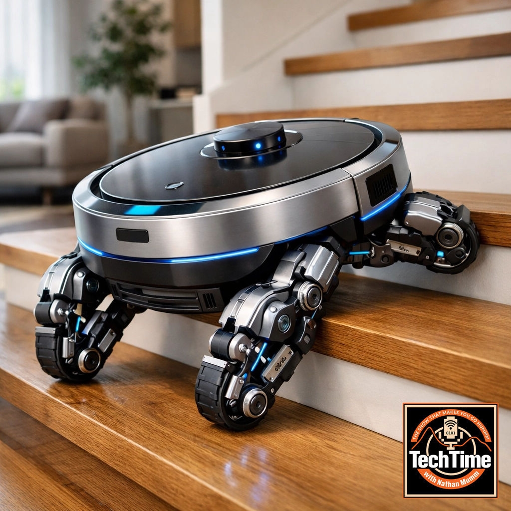 Headline: CES 2026: Robot That Can Do the Stairs! Summary: Roborock’s Saros Rover has wheel-legs. Nathan: "Now there’s nowhere to hide my whiskey. I'm waiting for it to bring me a glass." techtimeradio.com #TechTimeRadio #CES2026 #Robotics #SmartHome