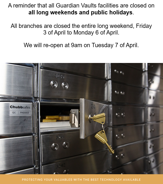 GuardianVaults's tweet photo. A reminder that all Guardian Vaults branches close for the entire long weekend. https://t.co/5Ch2GFzPt0