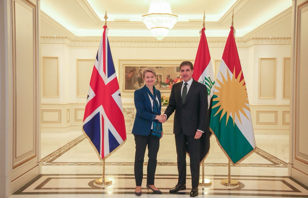 SarwanBarzani_'s tweet photo. During a call phone Yvette Cooper the Secretary of State for Foreign of the United Kingdom offers her condolences to Nechirvan Barzani, President of the Kurdistan Region, over the martyrdom of six Peshmerga members and strongly condemns the attack on his residence. https://t.co/dUBfFayv7W