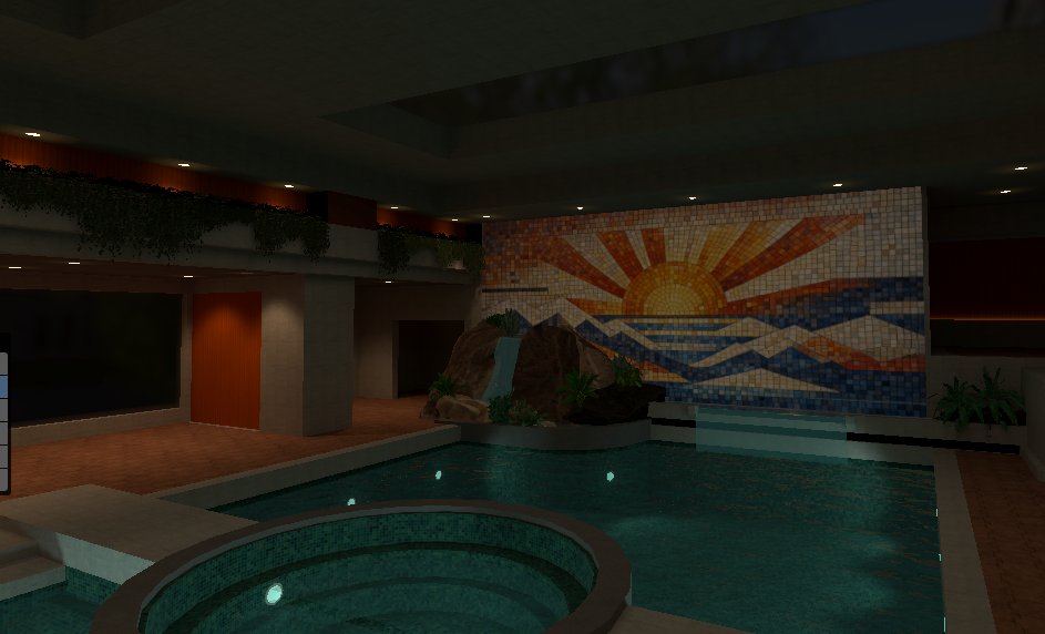 Trevadys's tweet photo. Just a small preview of a new vrchat world ive been working on. Pool Meets Brutalist Meets Retro. https://t.co/BmDONe9lyy
