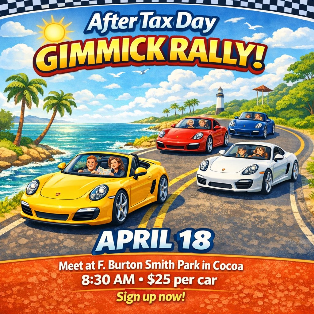 SPCPCA's tweet photo. After Tax Day Gimmick Rally - April 18th
Join us for a Space Coast tradition full of clues, riddles, and scenic roads! Grab a teammate, hop in your ride, and hit the route for a fun-filled morning rally. #spacecoastpca #gimmickrally #spcpca 

Sign up now!
https://t.co/U3HHzrsOLd https://t.co/tUuy5fwjZV
