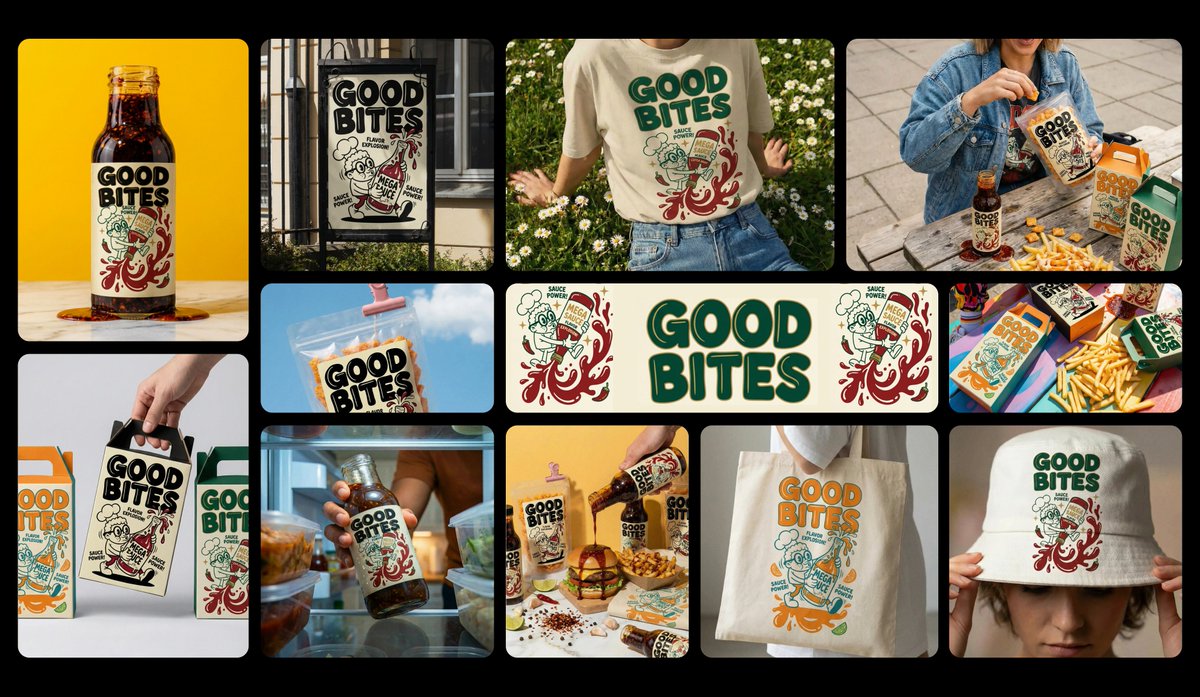 StudioNessa's tweet image. My submission for the CapCut AI  Design Agent  challenge 

“GOOD BITES” — a bold, playful sauce brand.

Logo → merch → mockups → animation — all made in CapCut AI Design and Video. #capcut #MerchDesign #capcutaidesign #capcutbranddesignchallenge