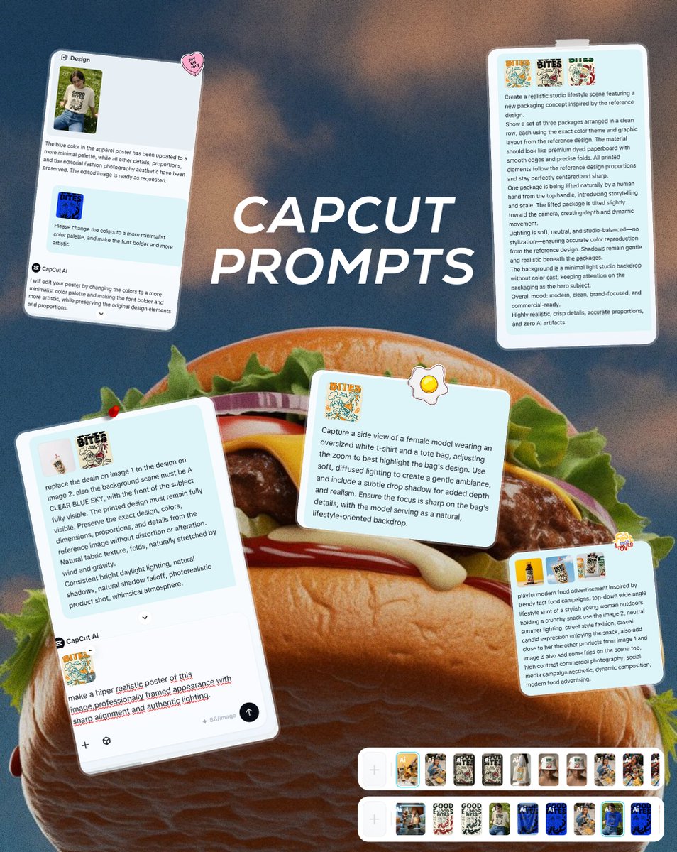 StudioNessa's tweet image. My submission for the CapCut AI  Design Agent  challenge 

“GOOD BITES” — a bold, playful sauce brand.

Logo → merch → mockups → animation — all made in CapCut AI Design and Video. #capcut #MerchDesign #capcutaidesign #capcutbranddesignchallenge