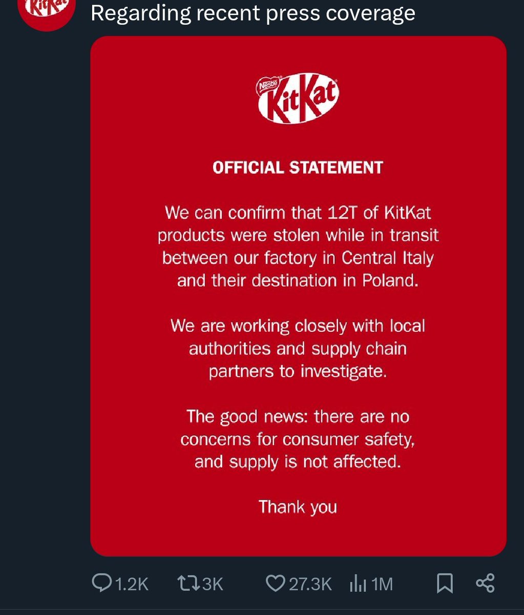 Oil shortage ❎
KitKat shortage ✅