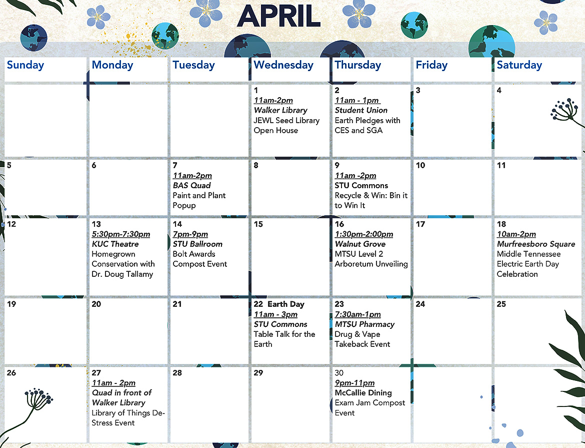 MTSUNews's tweet image. Check out Earth Month happenings at MTSU! For more details 👉bit.ly/3NPISyP 

#earthday #mtsu #gogreen #recycle