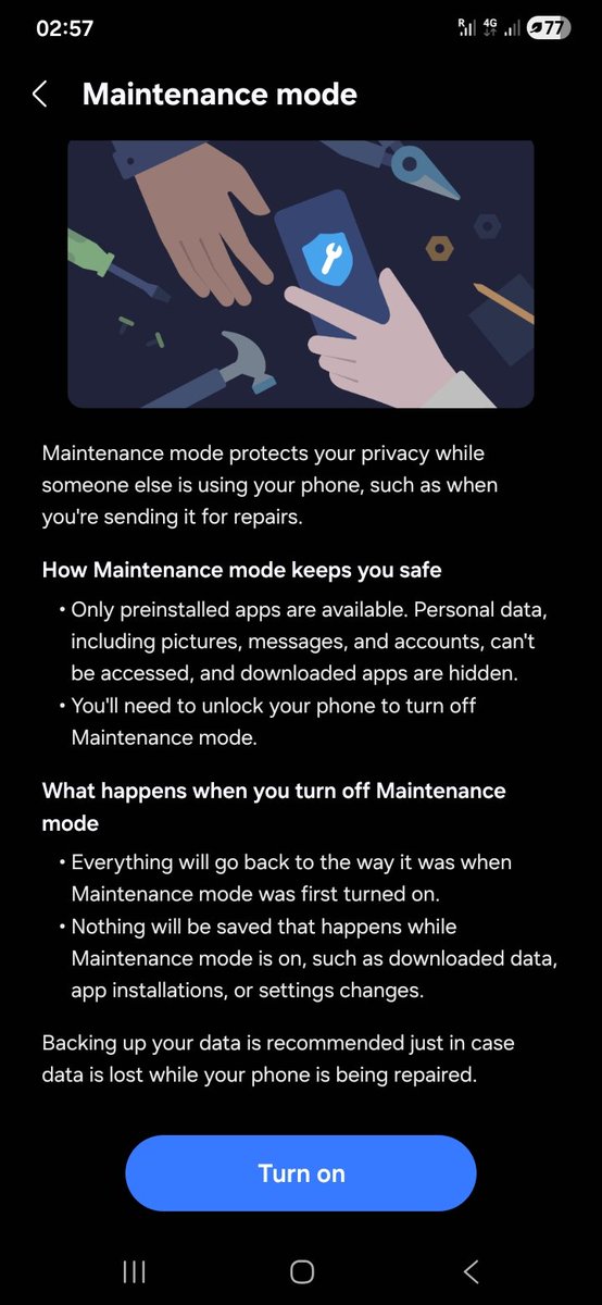 bejorrr's tweet photo. @perempuanmahal kalau iphone aku xtau la ade ke tak features ni , kalau android aku rasa mostly ade maintenance mood ni , hanta repair x yah risau² dh , cucuk kat pc pn x kluar storage device . https://t.co/OC15HkHtov