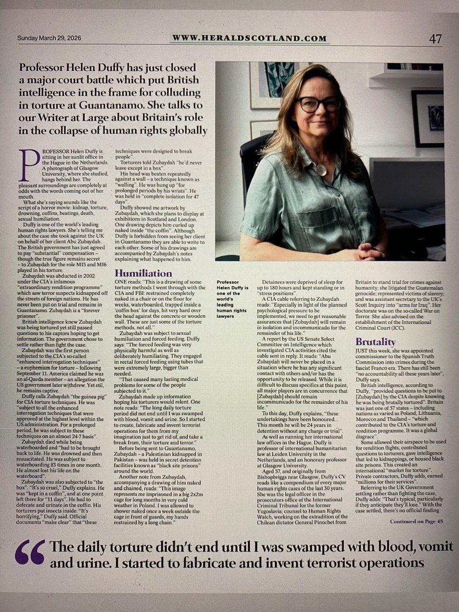 HelenDuffy_HRP's tweet image. A “big read” interview w me today in the @heraldscotland 👇 Appreciate the extensive, well-written piece by @NeilMackay covering the critical state of #humanrights and rule of law, #torture, #conflicts, #climate, crimes, #Guantanamo #abuzubaydah &amp;amp; more …