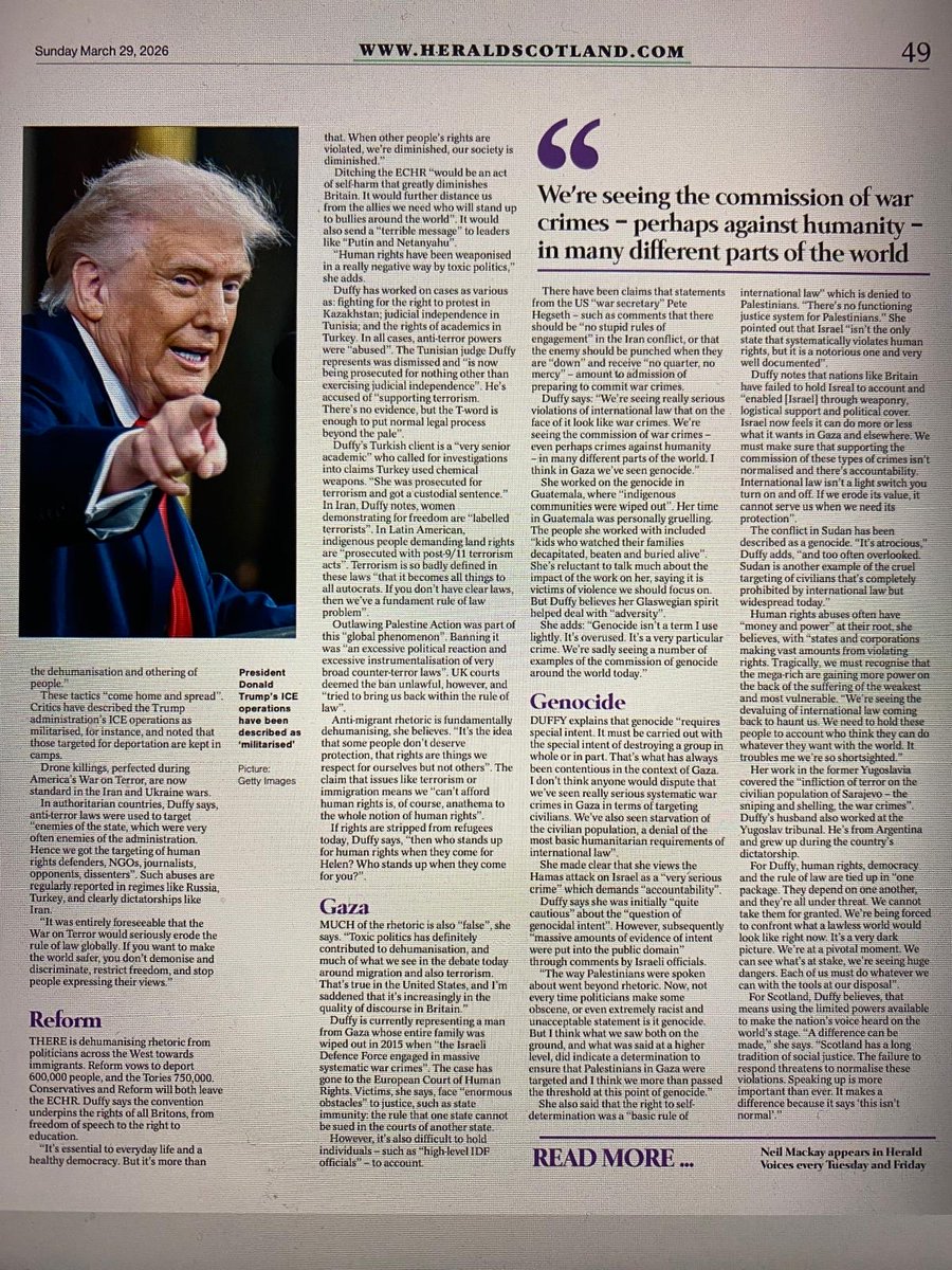 HelenDuffy_HRP's tweet image. A “big read” interview w me today in the @heraldscotland 👇 Appreciate the extensive, well-written piece by @NeilMackay covering the critical state of #humanrights and rule of law, #torture, #conflicts, #climate, crimes, #Guantanamo #abuzubaydah &amp;amp; more …
