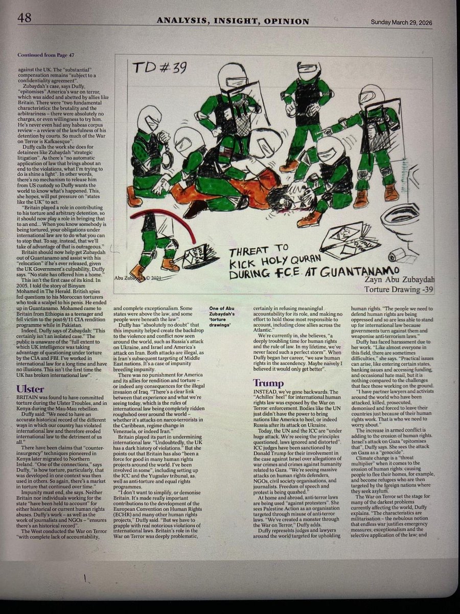 HelenDuffy_HRP's tweet image. A “big read” interview w me today in the @heraldscotland 👇 Appreciate the extensive, well-written piece by @NeilMackay covering the critical state of #humanrights and rule of law, #torture, #conflicts, #climate, crimes, #Guantanamo #abuzubaydah &amp;amp; more …