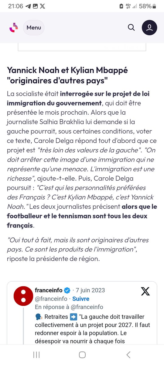 Lfi_CSP's tweet photo. @CaroleDelga @BallyBagayoko Dixit la raciste @CaroleDelga qui assimile Yannick Noah et Kylian Mbappé à des immigrés étrangers non français car ils sont noirs🤮💩🪠🚽 https://t.co/e34pNChW3I