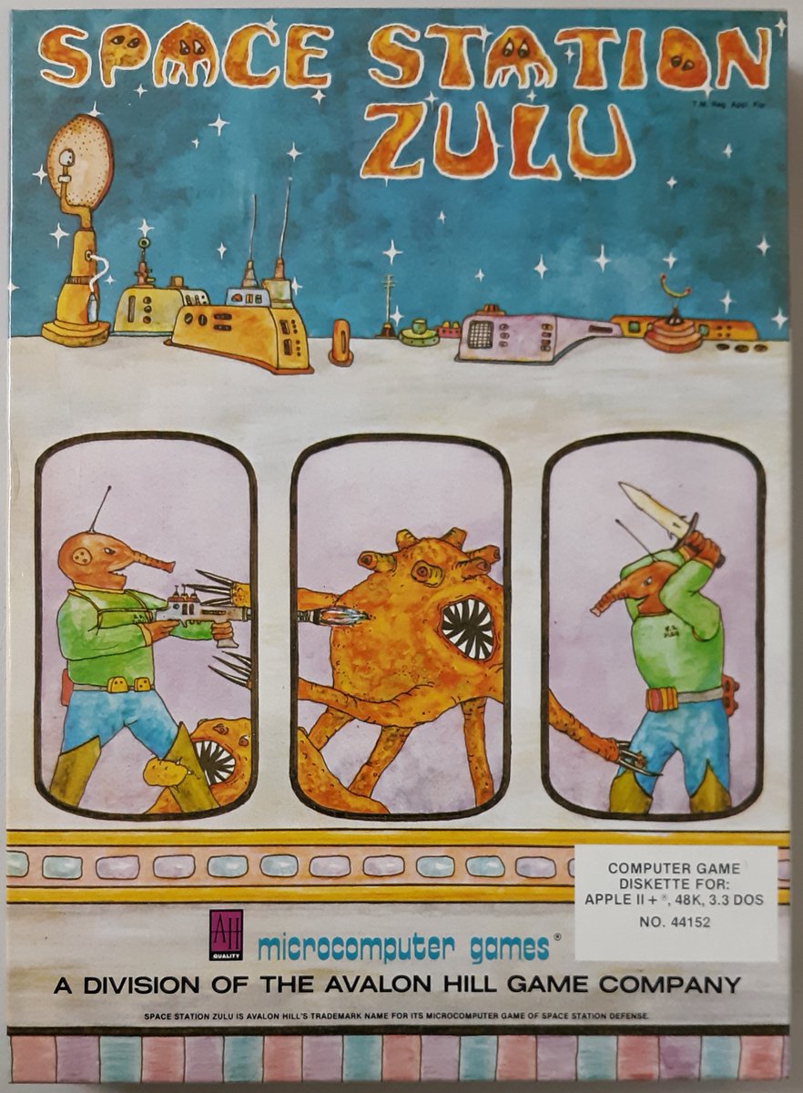 "Space Station Zulu"1982 Avalon Hill/Microcomputer Games for Apple II. Strategy game of space station defense by directing your crew against larva-stage lifeforms. To combat them you have laser guns, fire torches, ice bottles, grenades, etc. Stop the ever-growing alien population