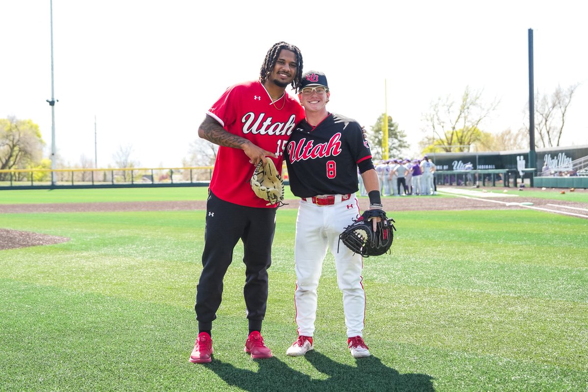utahbaseball's tweet photo. .@FicklinJamarian fired a strike

71 MPH on the first pitch 🔥 

Pleasure having Byrd and @Devonddampier with us today at the ballpark!

#GoUtes x @Utah_Football https://t.co/dX4P3pMKpg
