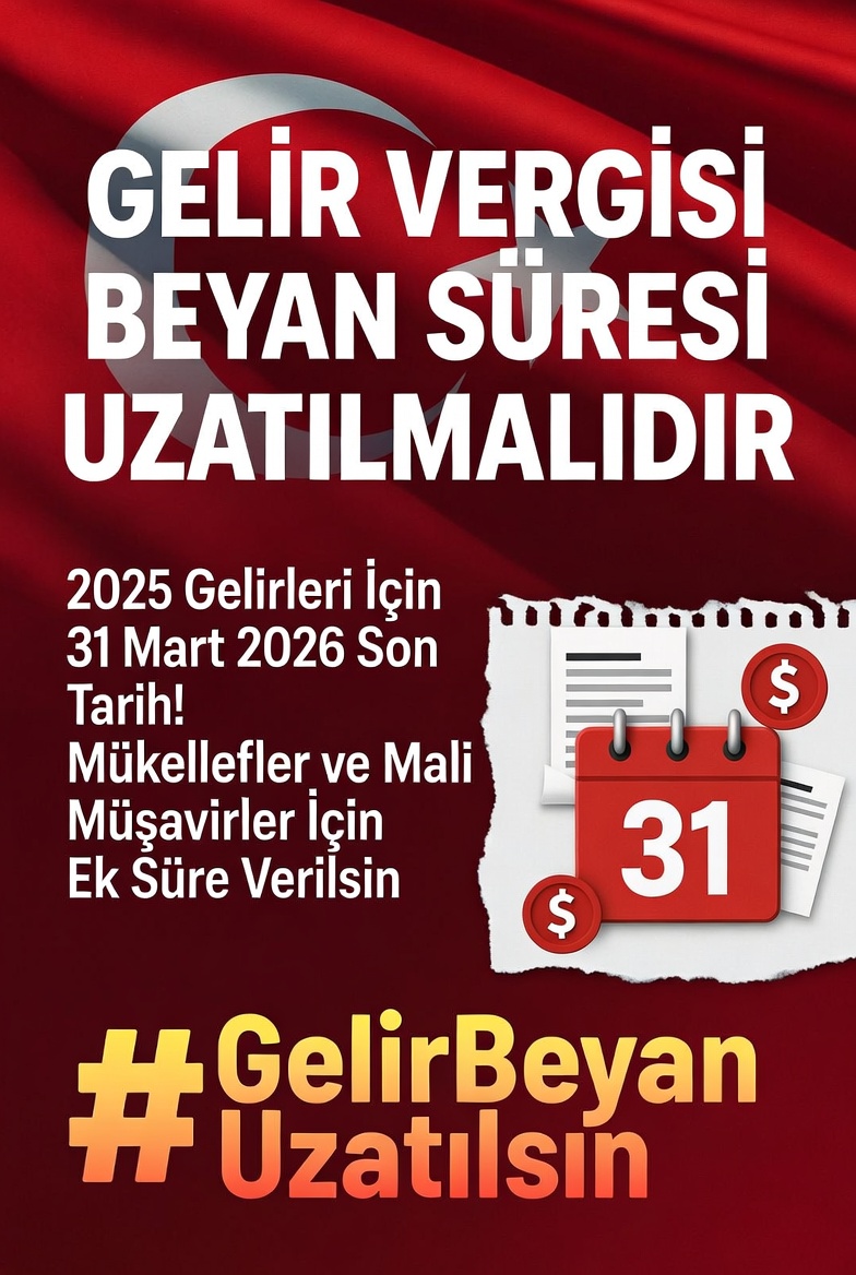 FreeTurkistan2's tweet photo. @Serkan__Atasoy @MuhasebeBT Gelir vergisi beyan süresi 31 Mart 2026 son gün. Ek süre verilmesi elzemdir.
#GelirBeyanUzatılsın #BeyanlarUzatılsın
@gibsosyalmedya
@HMBakanligi https://t.co/dwqkp4Bzdg