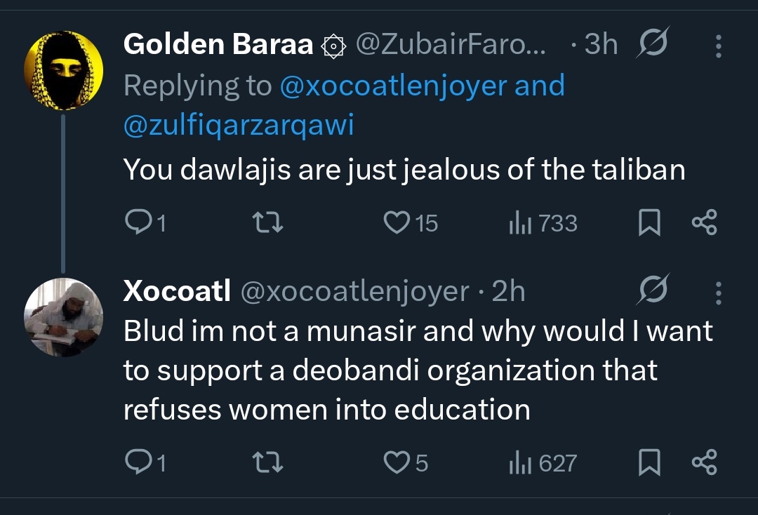 TEMPEREDY0UTH's tweet photo. Guy arguing for women's right to education vs. an Taliban supporter under a Daesh edit he made... and you think I'm ever leaving this website? NEVER. #OnlyOnX https://t.co/DIfQCIm3XV