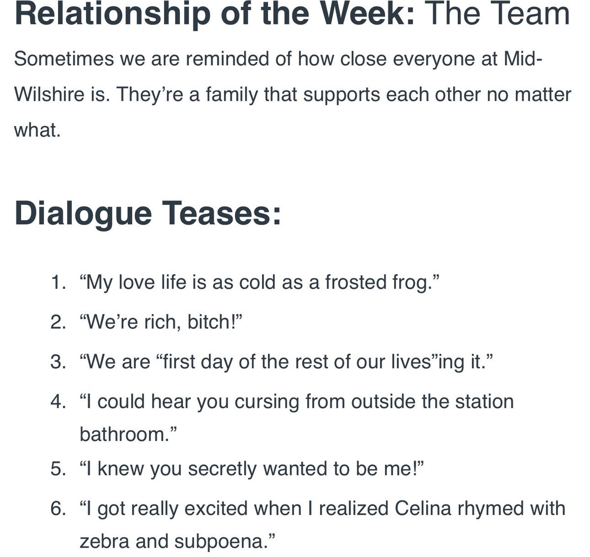 Still won’t make Bailan relationship of the week 😂. And the way they worded Bailey’s character of the week makes it sound like they don’t like her. Curious to know what closure is for Tim and Lucy.