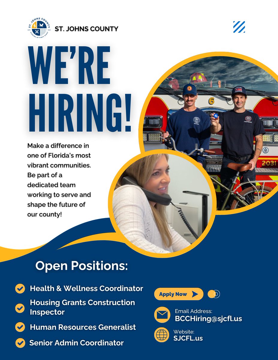StJohnsCounty's tweet image. We're Hiring! 💼 

St. Johns County is now hiring across multiple departments and looking for dedicated individuals 👷 to help serve our community. 

Explore positions and Apply Today!

🔗 Apply Now! bit.ly/4t5wXMh

#MySJCFL #JobOpportunities #GovernmentJobs