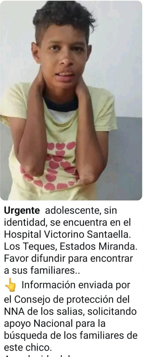 #Urgente a toda la comunidad #Twitter y otras redes sociales ayudemos a encontrar a los familiares de este adolescente sin identidad (así me lo pasaron) se encuentra en el Hospital Victorino Santaella en Los #Teques Estado #Miranda. PASARON ESTO NADA MAS #Rts