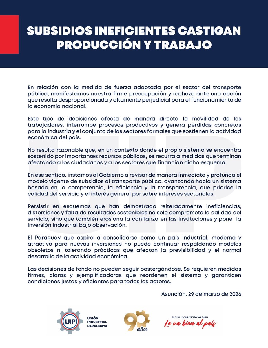 📍#PronunciamientoInstitucional

👉Subsidios ineficientes castigan producción y trabajo 

#UIP90años #Transporte  #Subsidios