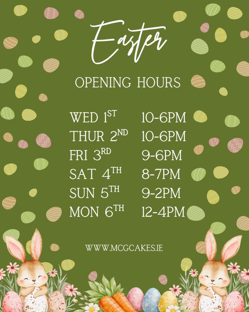 mcgcake's tweet photo. Our Easter opening hours 🐣 Find us on Grattan street #sligo https://t.co/rYJGXljEpr