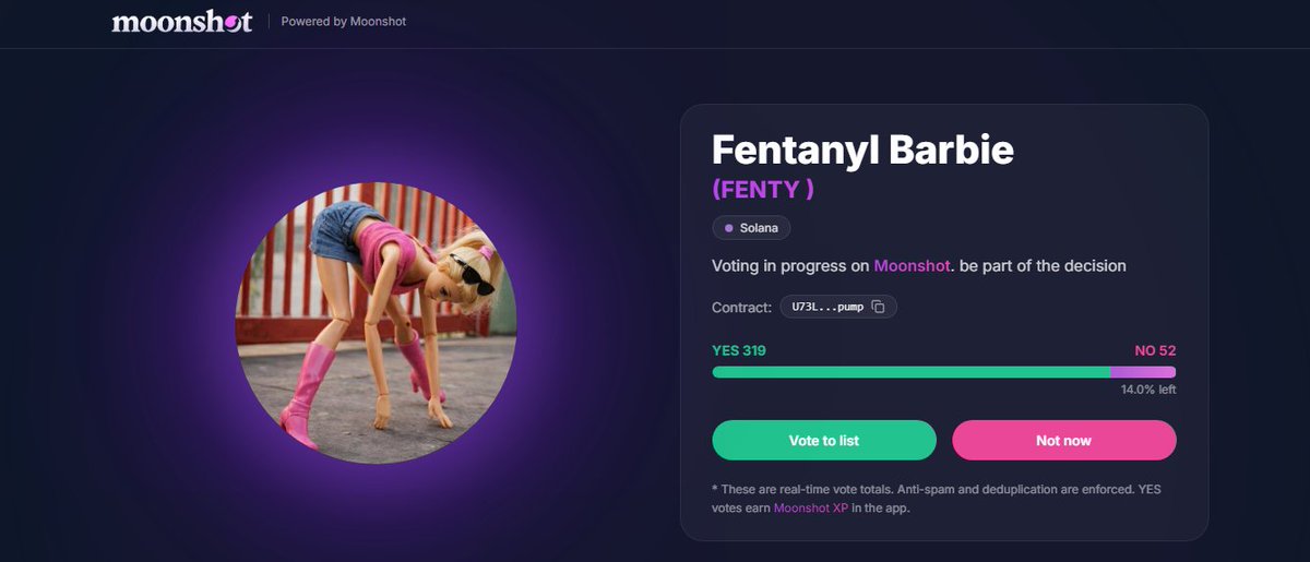 altcoinHelix's tweet photo. 🚨 Breaking News 🚨

The Moonshot team just dropped new listings for $FENTY ! 
Head over to the Moonshot poll now to support your favorite meme coin on Solana! 

CA: U73LJanK2ENpbvGg85iPQJmj2WGPKBLnLxNmrgvpump

Let’s make it official: https://t.co/KlZZjLYIXQ

$SOL #Solana #Moonshot #MemeCoin #CryptoCommunity