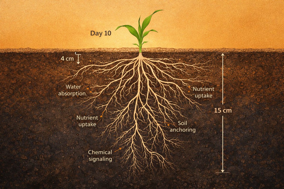 <a href="/CuriosityonX/">Curiosity</a> 🌽 What you're watching is a single kernel doing something most plants don't. Every other grain sends one shoot upward and one root downward. Corn sends multiple roots in every direction simultaneously within the first 48 hours, mapping the soil for water and nutrients before
