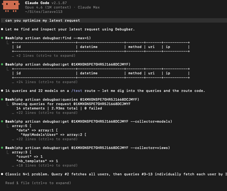 barryvdh's tweet photo. I added a @laravelphp Boost skill + cli to Laravel Debugbar to help you fix issues and optimize queries 🤖
It can:
 - Browse latest requests
 - See collected data and show details
 - Show overview of queries (with duplicates)
 - Query details (backtrace and even EXPLAIN results) https://t.co/x3uZanNuaa