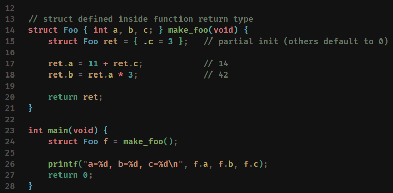 you can declare a struct directly in the return type of a function in C ...