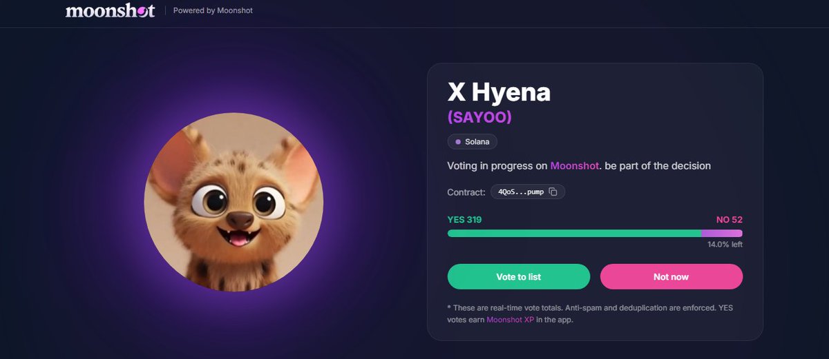 altcoinHelix's tweet photo. 🚨 Breaking News 🚨

The Moonshot team just dropped new listings for $SAYOO ! 
Head over to the Moonshot poll now to support your favorite meme coin on Solana! 

CA: 4QoSvhnWdbqj7FZyzXRrPRCHdWhRfM7YTYZukckwpump

Let’s make it official: https://t.co/zGfLxcKKqx

$SOL #Solana #Moonshot #MemeCoin #CryptoCommunity