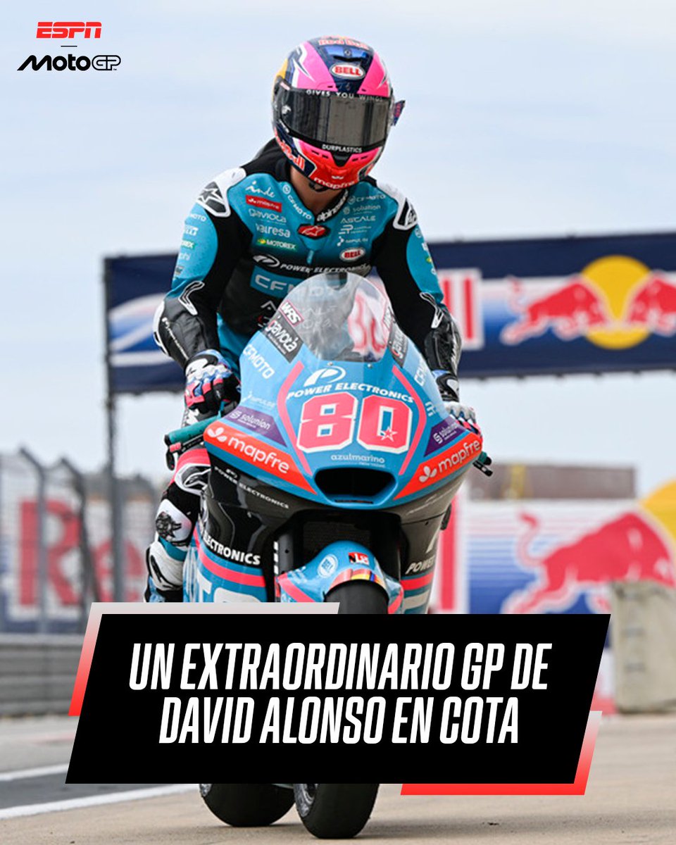 MotoGP_ESPN's tweet photo. ¡QUÉ CARRERA, DAVID! 🤯🇨🇴

Alonso largó P17 y escaló hasta la cuarta colocación en tan solo 10 giros. ⚡️

No tenemos pruebas pero tampoco dudas que si le daban unos giros más la ganaba. ¡Fenómeno! 💪 https://t.co/uMSrXQOuon