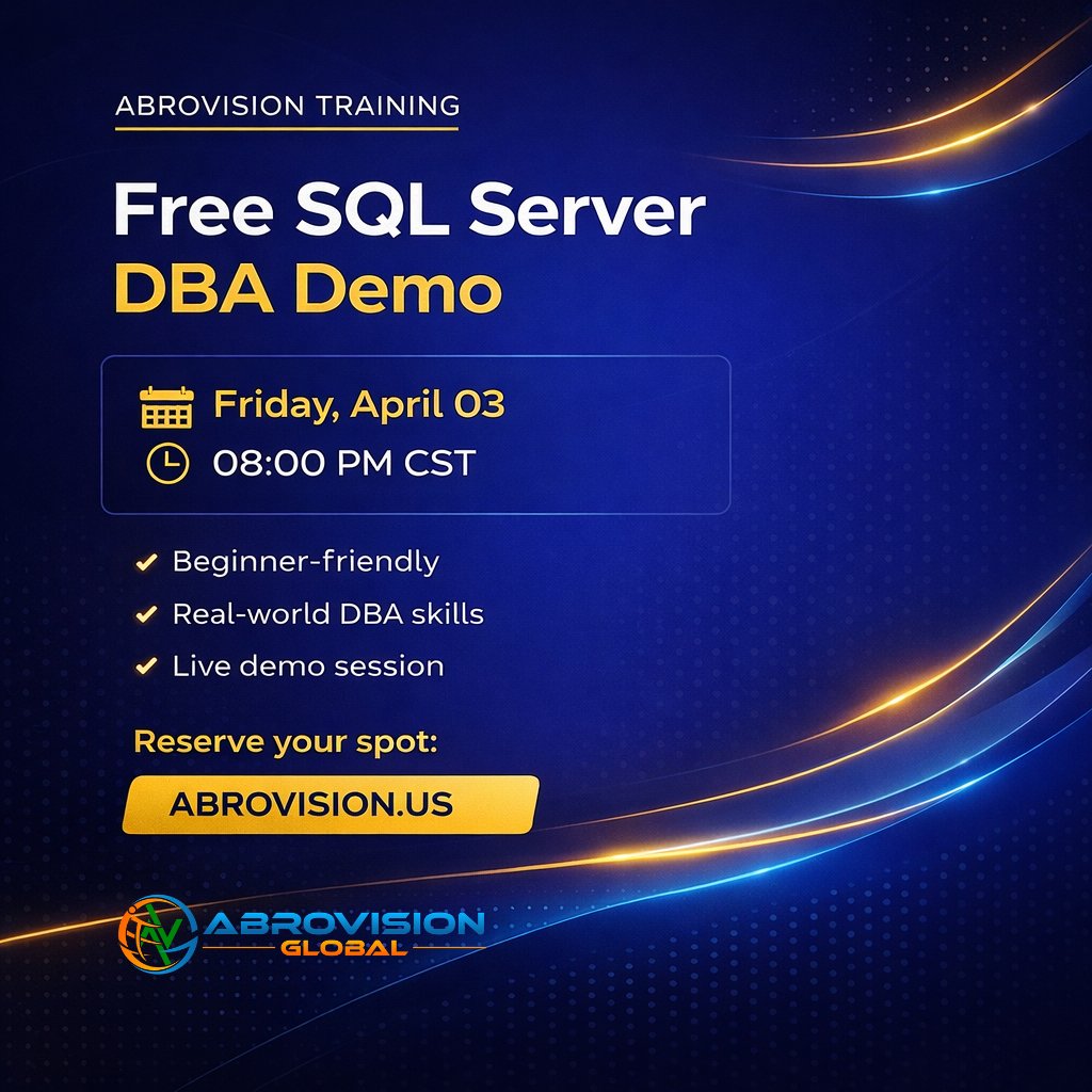 AbrovisionIT's tweet photo. 🚀Free SQL Server DBA Demo

Abrovision Training invites you to a live demo session designed for learners and professionals who want to build practical SQL Server DBA skills.

📅 Friday, April 03
🕗 08:00 PM CST

Why join?

Reserve your spot: https://t.co/K93tB2nfPW https://t.co/Tw3zygTOrc