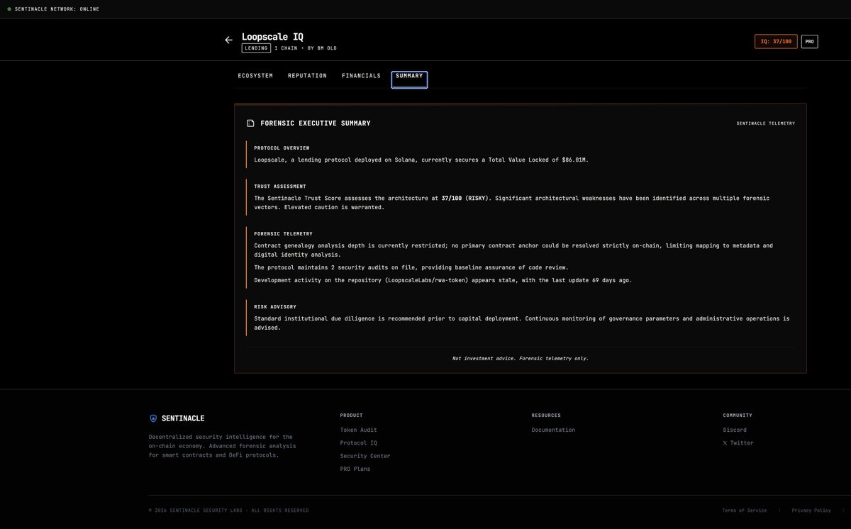 sentinacle's tweet image. The market has entrusted $86.01M in Total Value Locked to Loopscale, an 8-month-old lending protocol deployed exclusively on Solana. Yet, our continuous telemetry evaluates its architectural integrity with a Sentinacle Trust Score of just 37/100, firmly classifying it as an