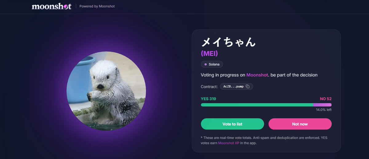 altcoinHelix's tweet photo. 🚨 Breaking News 🚨

The Moonshot team just dropped new listings for $MEI ! 
Head over to the Moonshot poll now to support your favorite meme coin on Solana! 

CA: AcZBJPaabCqECpT7bFX4uxtcbvz33FiCcv22AUTXpump

Let’s make it official: https://t.co/ceQqqQXhjN

$SOL #Solana #Moonshot #MemeCoin #CryptoCommunity