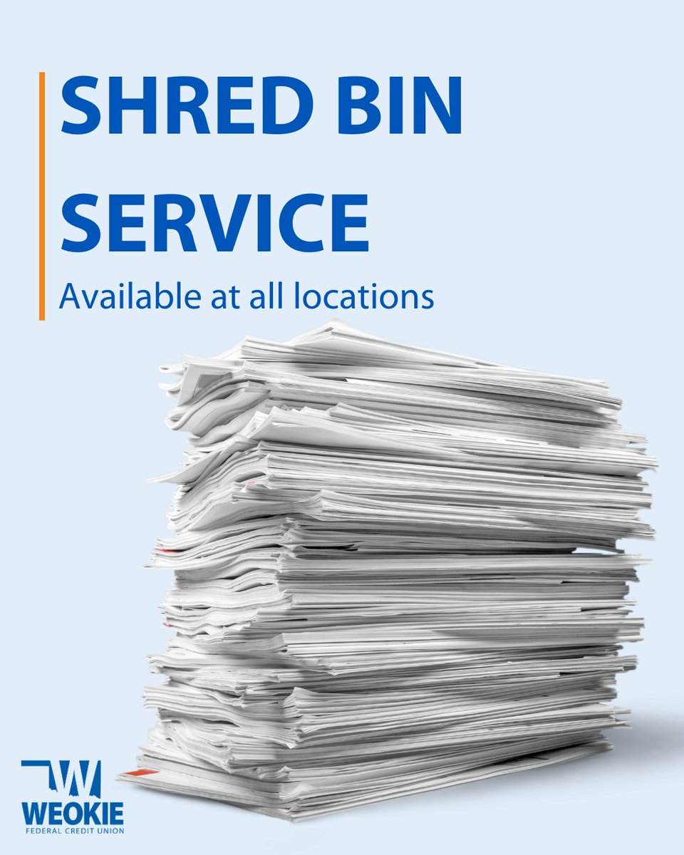 Your spring cleaning might include paperwork, too. 🧾

WEOKIE members can safely dispose of personal documents using our Member Relationship Center shred bins. Just stop by and drop them in during your visit.

A small convenience to help keep your information secure. 🔒