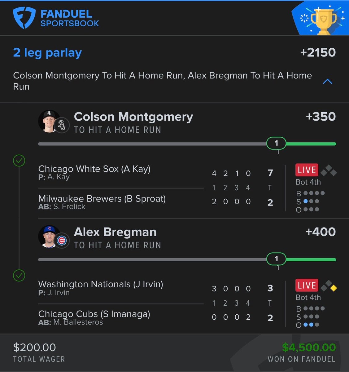 Told yall we going back to back today! 

$200 into $4,500 in premium. Shoutout Alex Bregman for cashing us out! 

Get All My Homer Parlays Below: 
➡️ whop.com/checkout/hndro…