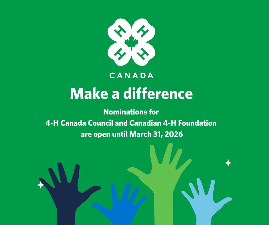 Nominations for the 2026-2027 4-H Council Board of Directors or the Canadian 4-H Foundation will be accepted until March 31, 2026.  

To learn more about how you can help make a difference in the lives of 4-H youth, please visit: bit.ly/44o6ped
