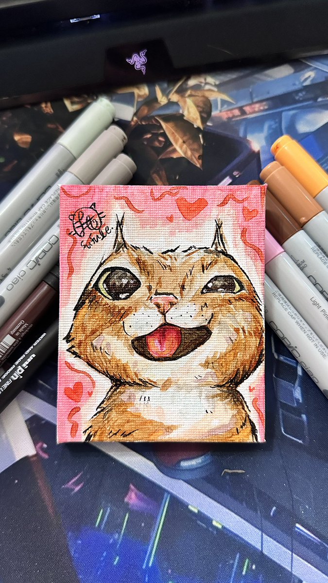Sufule_'s tweet image. 半夜不睡覺…
在角落找到兩三年前的畫布，然後就畫了這個面癱小貓💕😍真的有夠可愛！

原圖▶️ IG: Rigby Cat

#illustration #cat #marker #painting #貓