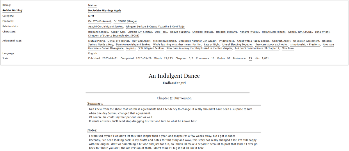 Endlessao3's tweet photo. "An Indulgent Dance"
Relationship: Asagiri Gen/Ishigami Senkuu #Sengen #fanfiction 
Characters: Senkuu, Gen, Yuzuriha, Taiju, Ect
Tags: Mutual Pining, Denial of Feelings, Fluff and Angst, Miscommunication, Unspoken Agreement
Chapter 5/5: Our version
https://t.co/Ptgygb2WbB https://t.co/QvdbNAWlNN