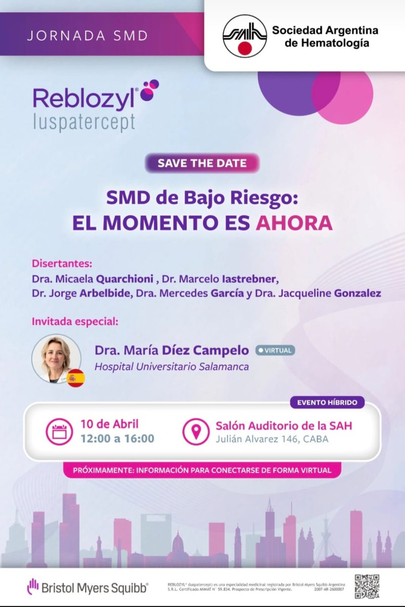 SAHematologia's tweet photo. ¡Jornada Científica en la @SAHematologia! 🩸

Participá del evento híbrido sobre SMD de Bajo Riesgo junto a BMS. Expertos analizarán la optimización del tratamiento.

🗓️ 10 de abril - 12h 🔗 Inscribite acá: https://t.co/S9xpkQizXt

#Hematología #SMD #SAH https://t.co/WUeZ1Qi0NJ