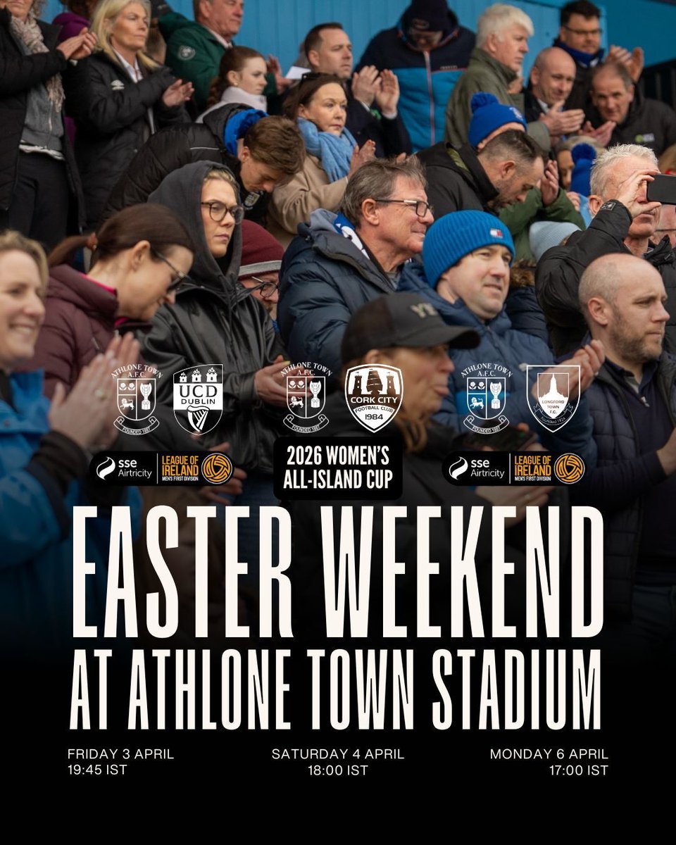 AthloneTownAFC's tweet photo. Looking forward to a busy Easter Bank Holiday Weekend at Athlone Town Stadium 🙌 

Friday 3 April - Men's First Division v UCD
Saturday 4 April - Women's All-Island Cup v Cork City
Monday 6 April - Men's First Division v Longford Town

Tickets: https://t.co/7bna9Ui8io https://t.co/Fepub1bxMX