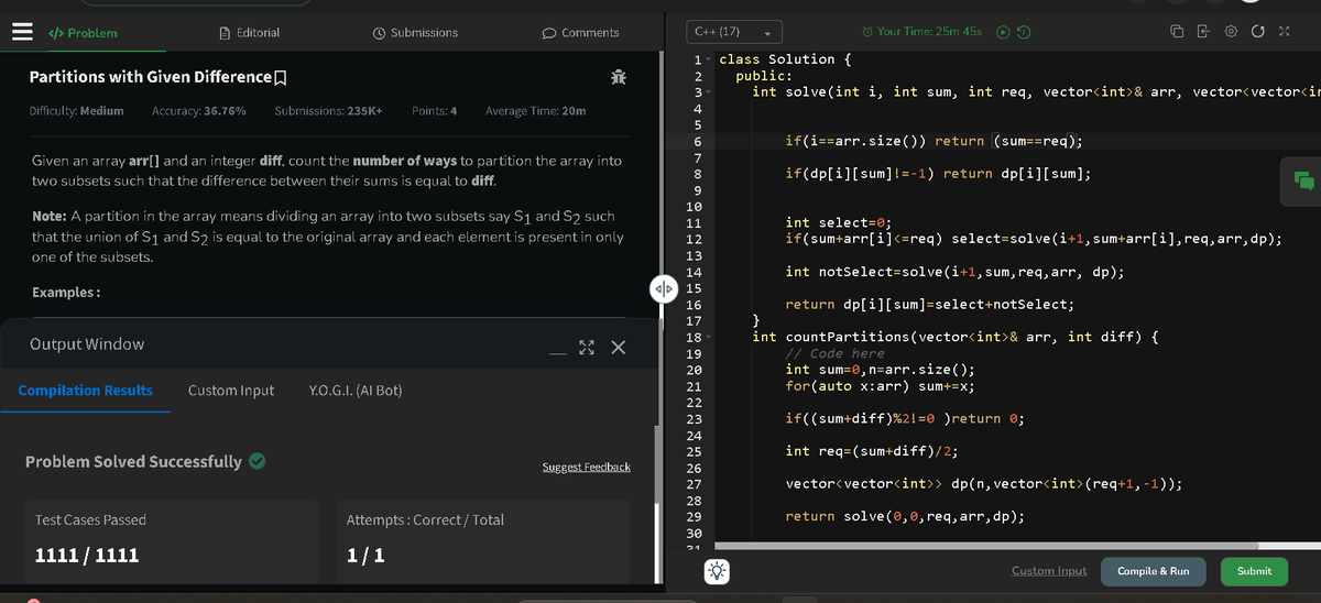 diwa810's tweet photo. Day 41 #geekstreak60
Day 218 of #100DaysOfCode

solved: Partition with diff → subset sum

S1 = (total + diff) / 2

Count subsets with sum = target

#DSA #DynamicProgramming #SubsetSum #DP #Algorithms #ProblemSolving #Coding #GeeksforGeeks #npci
@geeksforgeeks @NPCI_NPCI https://t.co/PRvB6dsAI0