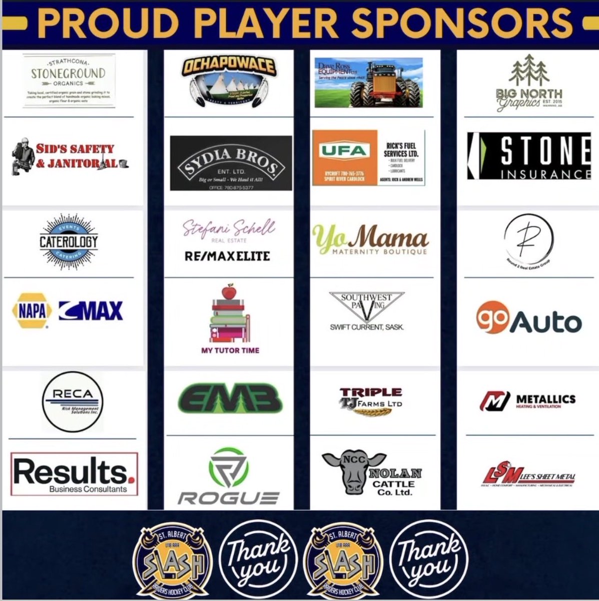 stalbert_slash's tweet photo. Thank you to our team and player sponsors for an incredible season of support 💙💛 https://t.co/Xurv232rhM