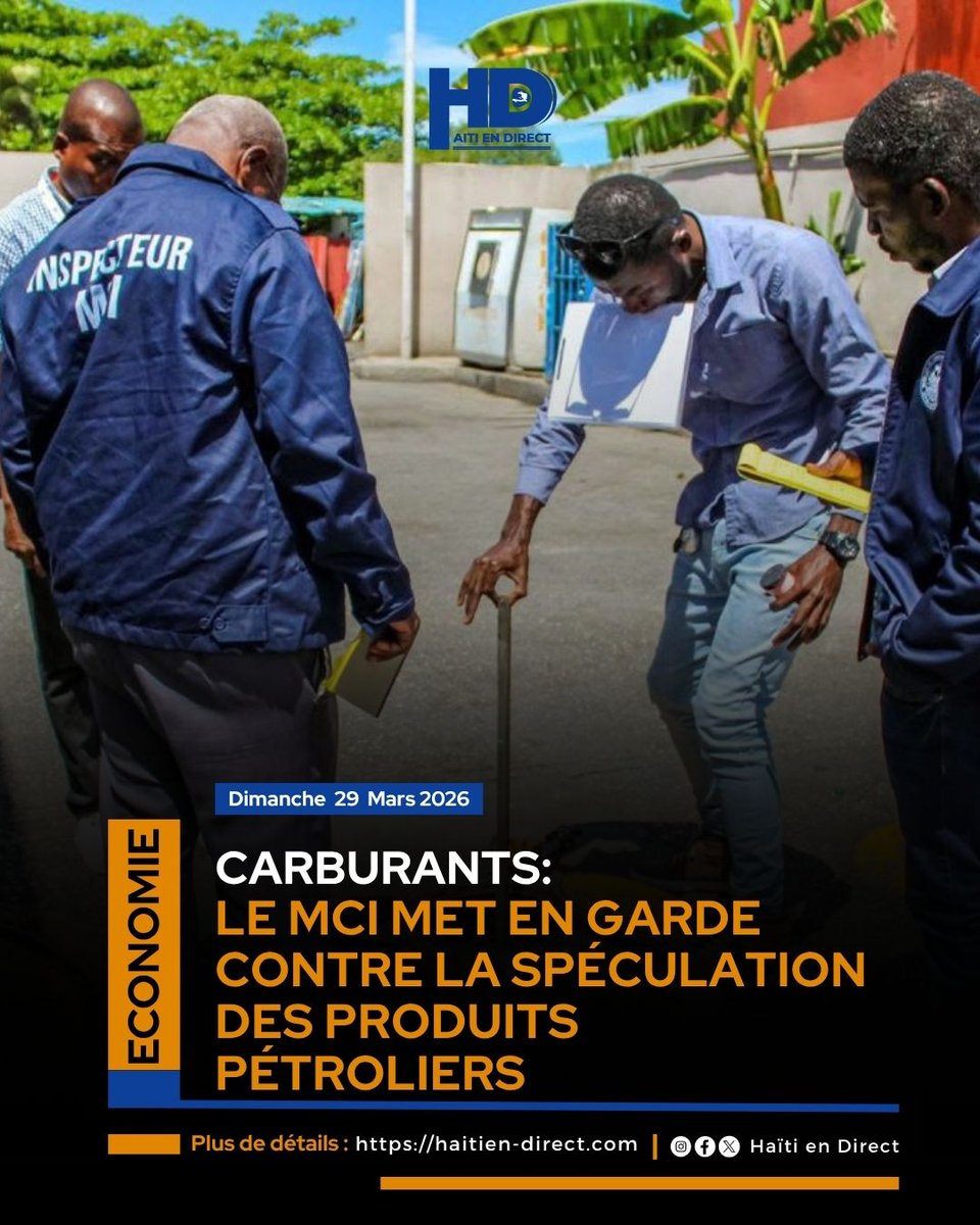 direct_Haiti's tweet photo. Le Ministère du Commerce et de l’Industrie (MCI) a réalisé, le samedi 28 mars 2026, une série d’inspections dans plusieurs stations-service, a indiqué ledit ministère dans un communiqué de presse.
Les contrôles ont visé des zones stratégiques, notamment Delmas, Tabarre, Pétion-Ville et la deuxième circonscription de Port-au-Prince. 
Lire la suite⤵️
https://t.co/7rgONl2ks1